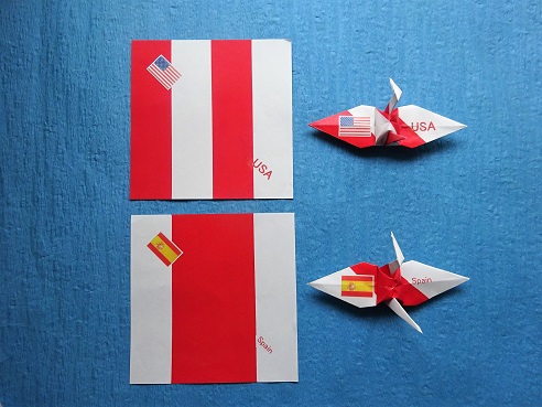 紅白折り紙に世界の国旗の一部と英語で国名を入れてみました。